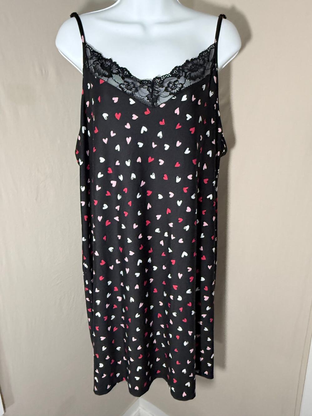 Joyspun Black Heart Print Lace Trim Chemise Nightgown Plus Size 2X